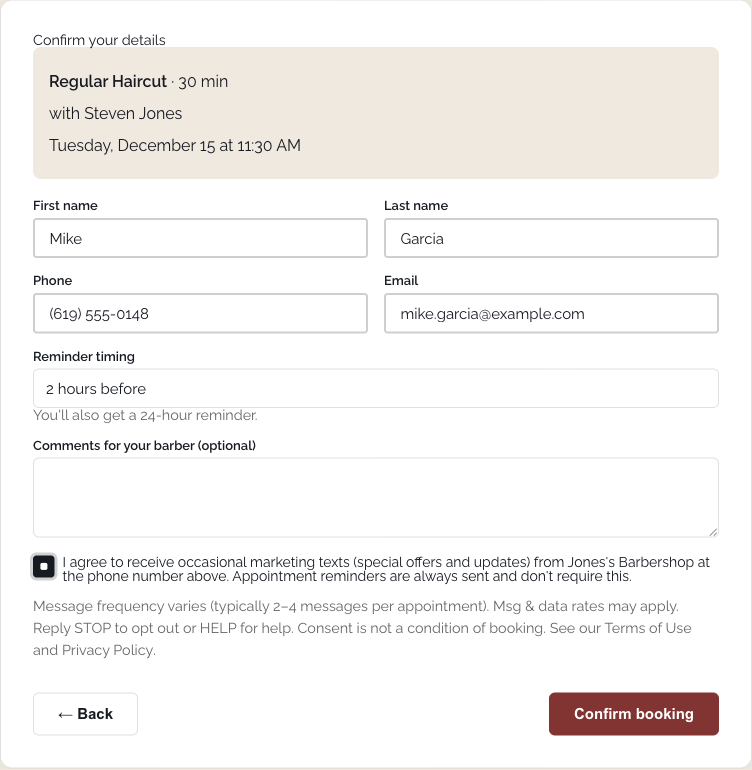 Final step of the Jones's Barbershop booking form, showing the name and phone number fields, the checked marketing-texts consent checkbox, and the disclosure text stating message frequency, that message and data rates may apply, Reply STOP to opt out or HELP for help, that consent is not a condition of booking, and links to the Terms of Use and Privacy Policy.